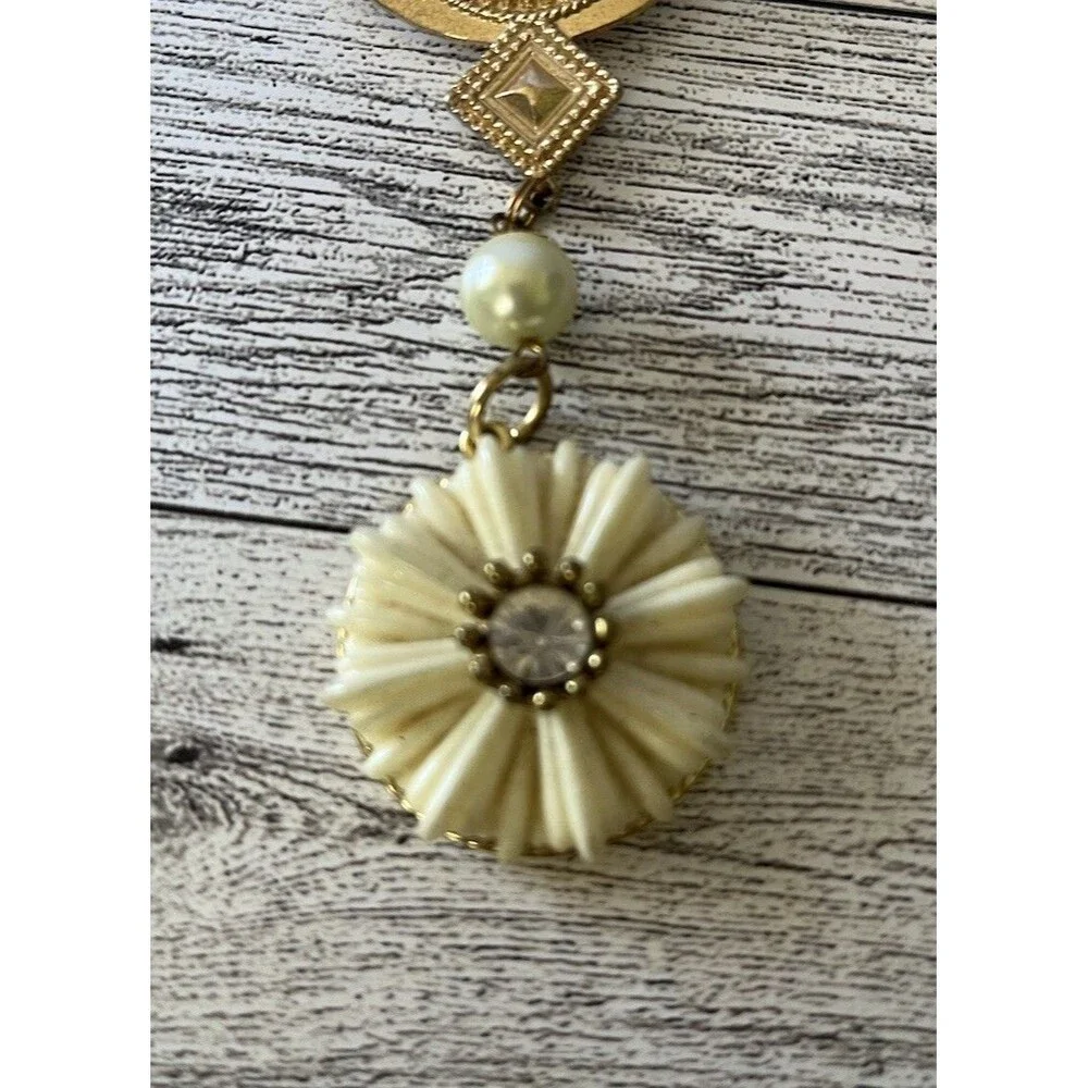 Flower Floral Dangle Drop Brooch Pin Gold Tone Faux Pearl Rhinestone 4.5